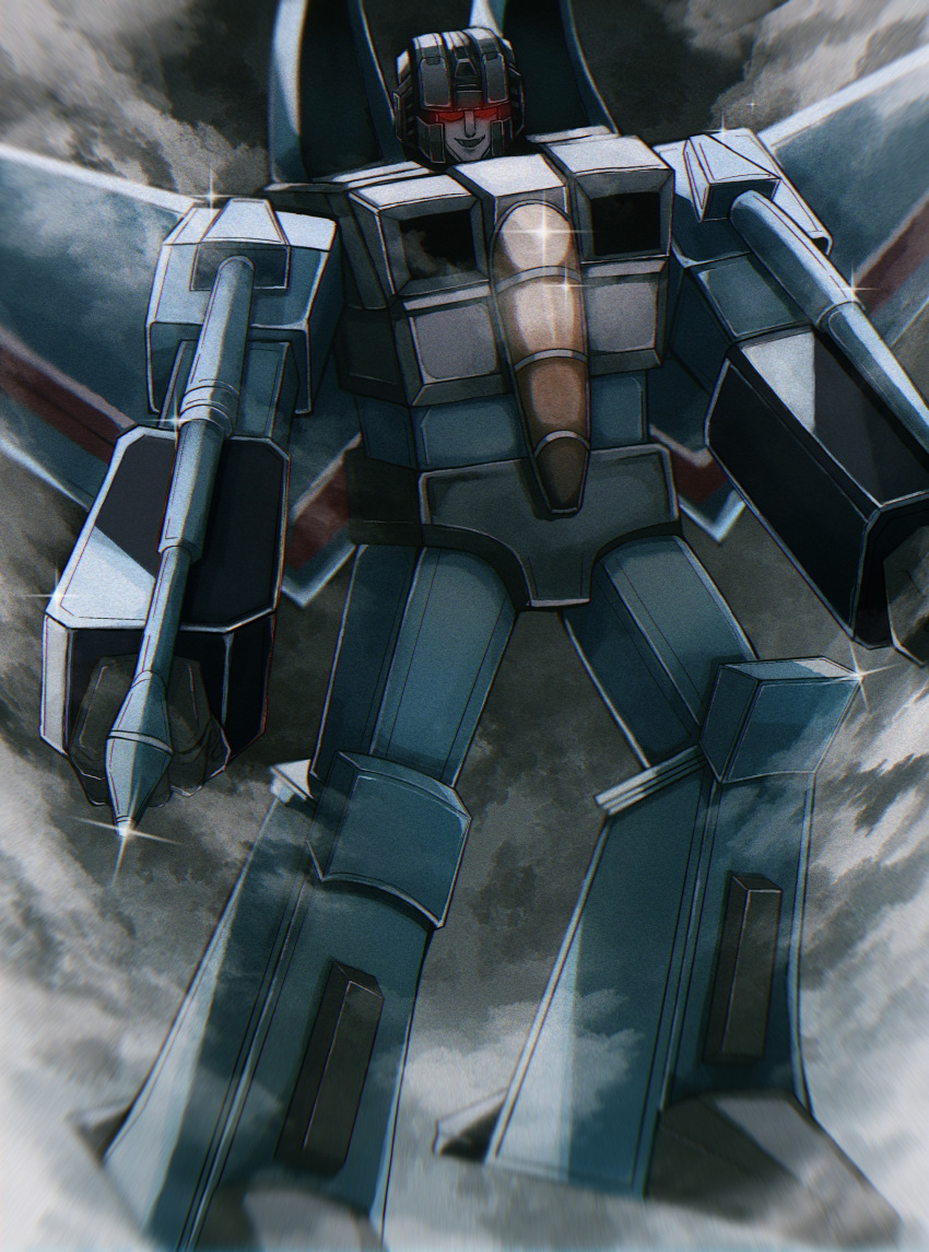absurdres arm_cannon clenched_hands cloud decepticon flying glint glowing glowing_eyes highres looking_down mecha nakai111 no_humans red_eyes robot thundercracker transformers transformers:_generation_1 weapon