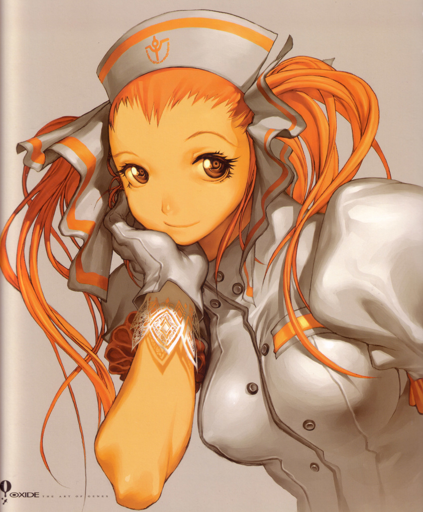 absurdres buttons chin_rest gloves hair_ribbon hat highres joan_kartright kim_hyung_tae lace long_hair official_art orange_eyes orange_hair ribbon scan simple_background smile solo war_of_genesis war_of_genesis_iii