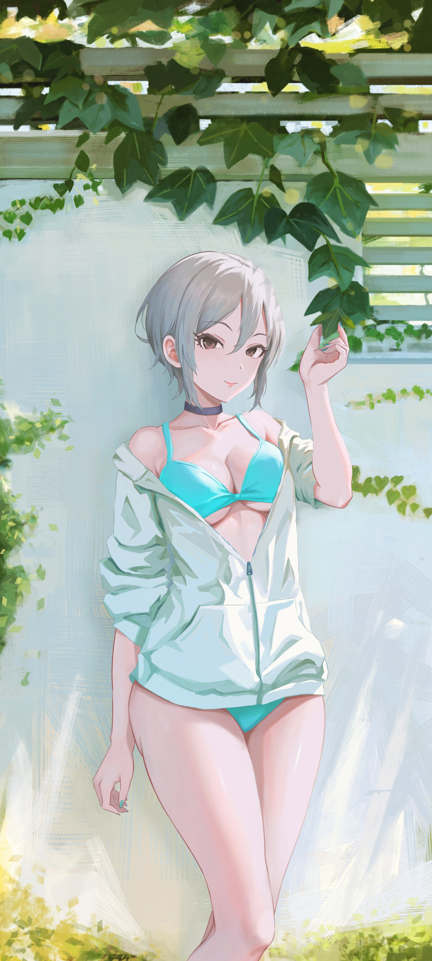 1girl absurdres aqua_bikini bare_legs bare_shoulders bikini bikini_under_clothes black_choker breasts choker cleavage collarbone feet_out_of_frame fingernails grey_hair hair_between_eyes highres idolmaster idolmaster_cinderella_girls ivy jacket looking_at_viewer medium_breasts nail_polish partially_unzipped qingli_ye shiomi_syuko short_hair smile solo swimsuit white_jacket