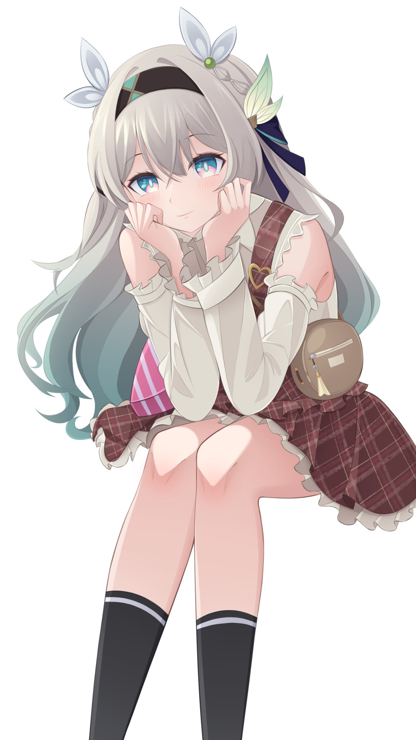 1girl absurdres bag bare_shoulders black_hairband black_socks blue_eyes blue_hair blue_pupils blush bow closed_mouth clothing_cutout collared_shirt crossed_bangs feet_out_of_frame firefly_(honkai:_star_rail) gradient_hair green_bow grey_hair hair_between_eyes hair_bow hair_intakes hairband handbag hands_on_own_cheeks hands_on_own_face head_rest highres honkai:_star_rail honkai_(series) invisible_chair kkachi0909 kneehighs knees_together_feet_apart leaning_forward long_hair long_sleeves looking_at_viewer multicolored_hair petticoat pink_eyes plaid plaid_skirt red_skirt shirt shoulder_cutout sidelocks simple_background sitting skirt smile socks solo suspender_skirt suspenders two-tone_eyes white_background white_bow white_shirt