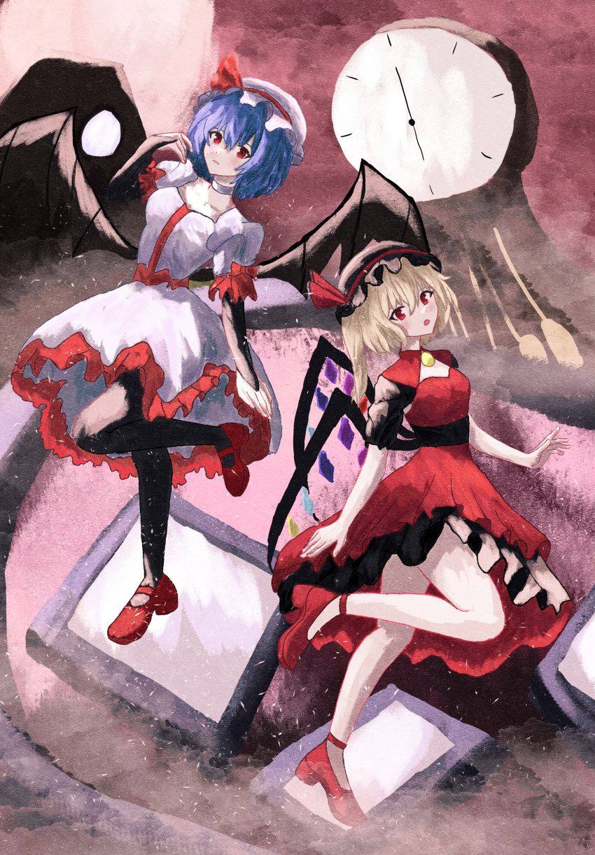 2girls absurdres alternate_costume bat_wings black_thighhighs blonde_hair blue_hair clock dress flandre_scarlet full_body hat hat_ribbon highres mary_janes medium_hair mob_cap multiple_girls open_mouth red_dress red_eyes remilia_scarlet ribbon shoes side_ponytail thighhighs touhou user_pzpc3735 white_dress wings