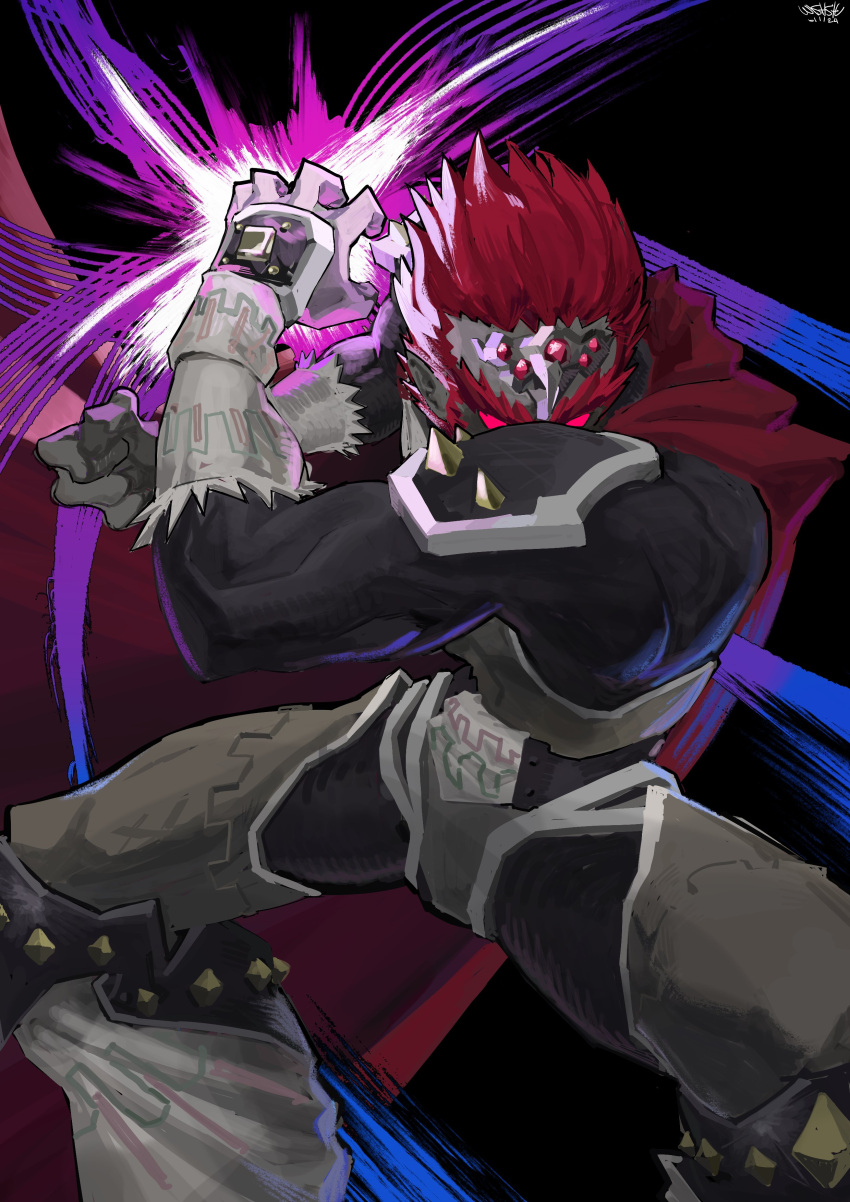 1boy absurdres black_background cape colored_sclera commentary english_commentary ganondorf highres male_focus red_cape red_eyes red_sclera shaw9987 short_hair solo the_legend_of_zelda