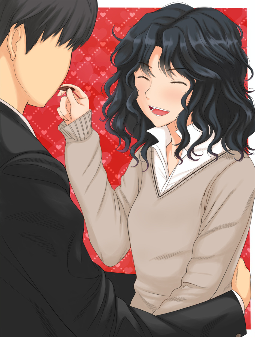 1boy 1girl amagami black_hair black_jacket closed_eyes collared_shirt commentary_request curly_hair faceless faceless_male feeding grey_sweater highres hug jacket long_sleeves medium_hair messy_hair open_mouth school_uniform shirt smile sweater tachibana_jun'ichi takemi_kaoru tanamachi_kaoru wavy_hair white_shirt