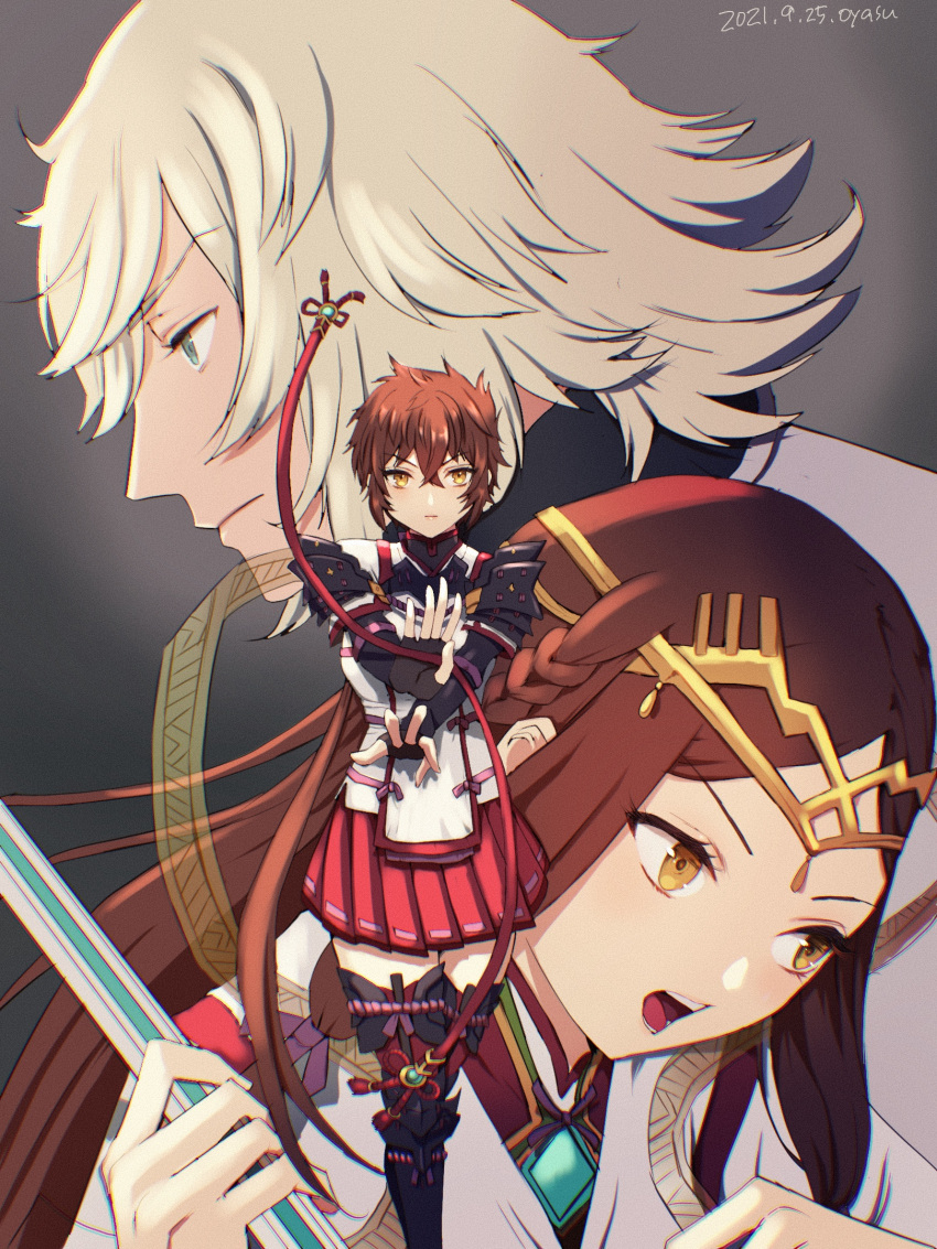 1boy 2girls armor black_gloves blue_eyes boots brown_background brown_eyes closed_mouth dated dress fan_la_norne fingerless_gloves gloves grey_hair highres holding holding_staff jin_(xenoblade) long_hair looking_at_viewer lora_(xenoblade) multiple_girls open_mouth pauldrons pleated_skirt red_skirt shoulder_armor skirt staff thigh_boots white_dress xenoblade_chronicles_(series) xenoblade_chronicles_2 xenoblade_chronicles_2:_torna_-_the_golden_country yamamori_kinako