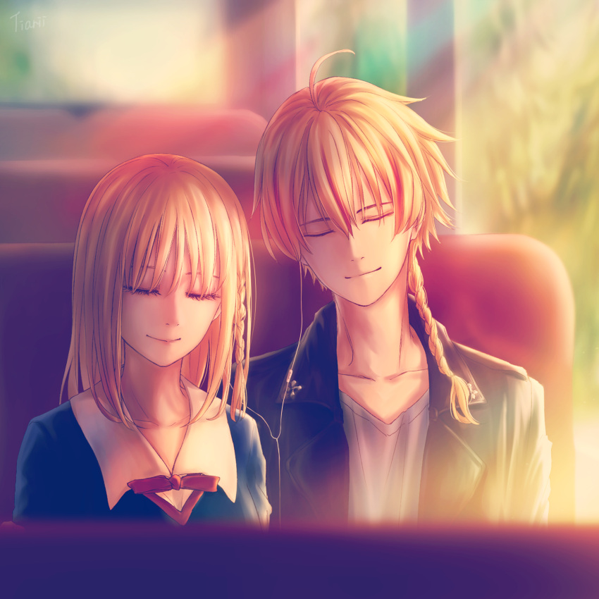 1boy 1girl ahoge artist_name black_jacket blonde_hair bloom blurry braid bus_interior closed_eyes closed_mouth depth_of_field earphones fate/strange_fake fate_(series) grey_shirt highres jacket leather leather_jacket light_smile open_clothes open_jacket richard_i_(fate) sajou_ayaka_(fate/strange_fake) shared_earphones shirt short_hair smile tiarii_art upper_body