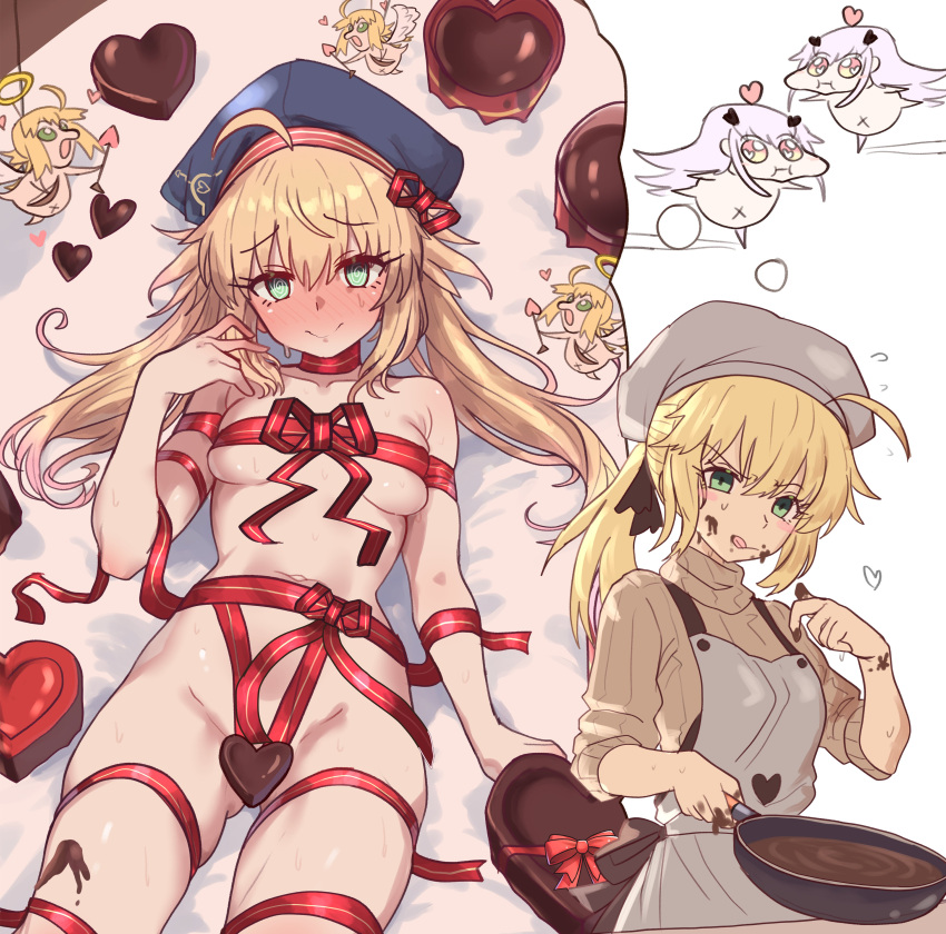 2girls @_@ absurdres ahoge apron artoria_caster_(fate) artoria_pendragon_(fate) ass_visible_through_thighs beret blonde_hair blue_headwear blush breasts brown_sweater candy chibi chocolate collarbone ebora embarrassed fate/grand_order fate_(series) food full-face_blush green_eyes grey_apron grey_headwear hat heart heart-shaped_chocolate highres licking_lips long_hair long_sleeves looking_at_viewer melusine_(fate) multiple_girls naked_ribbon navel red_ribbon ribbon skillet small_breasts smile sweat sweater thighs thought_bubble tongue tongue_out twintails valentine