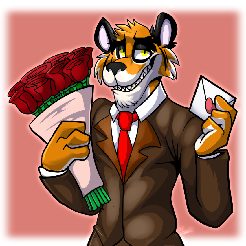 1:1 anthro black_nose bouquet business_suit clothing eyebrows fatalsyndrome felid flower flower_bouquet frank_(cregon) fur grin half-closed_eyes hi_res holidays looking_at_viewer male mammal narrowed_eyes orange_body orange_fur pantherine pink_inner_ear plant rose_(flower) smile solo suit thick_eyebrows tiger valentine's_day yellow_eyes