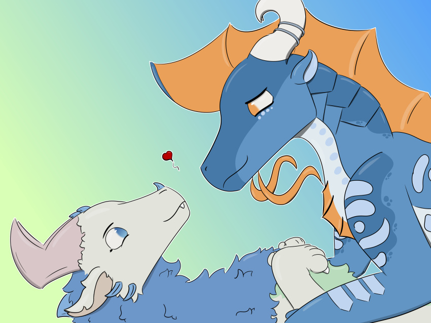 &lt;3 4:3 absurd_res blue_body blue_eyes blue_fur digital_drawing_(artwork) digital_media_(artwork) dragon duo facial_horn female fluffy frill_(anatomy) fur furred_dragon green_body green_fur half-length_portrait hi_res horn looking_at_another lying_on_another male male/female membrane_(anatomy) multicolored_body nose_horn orange_body orange_eyes orange_membrane paws portrait scales scalie seawing_(wof) serdagonn serdagonn_(character) shaded simple_background simple_shading sky_(sky_lizard) spikes spikes_(anatomy) white_body white_fur wings_of_fire