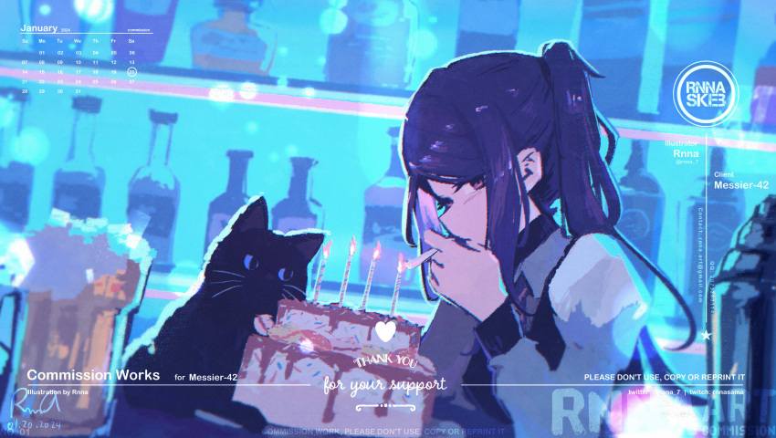 1girl absurdres alcohol bar_(place) beer beer_mug birthday_cake black_cat black_vest cake calendar_(medium) candle cat cigarette cocktail cocktail_shaker collared_shirt commission cup food fore_(va-11_hall-a) from_side half_updo highres holding holding_cigarette jill_stingray long_hair long_sleeves looking_at_viewer mug necktie ponytail red_eyes red_necktie rnna shirt sidelocks sleeve_cuffs smoking solo swept_bangs upper_body va-11_hall-a vest watermark white_shirt