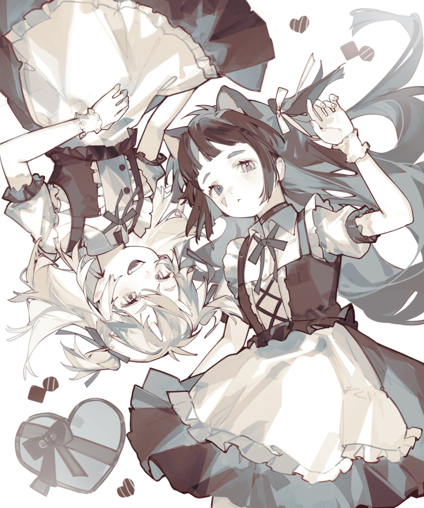 2girls :&lt; :d animal_ears apron black_hair black_ribbon blush box box_of_chocolates cat_ears cat_girl chocolate closed_mouth collared_shirt commentary cowboy_shot dutch_angle frilled_apron frills from_above grey_eyes grey_skirt hair_spread_out hand_up heart-shaped_box heterochromia highres limited_palette long_hair looking_at_viewer lying maid multiple_girls neck_ribbon on_back open_mouth original pleated_skirt ribbon shirt short_bangs sidelocks skirt smile symbol-only_commentary teeth triangle_facial_mark upper_teeth_only valentine white_apron white_eyes white_shirt white_wrist_cuffs wrist_cuffs yuumii_0120