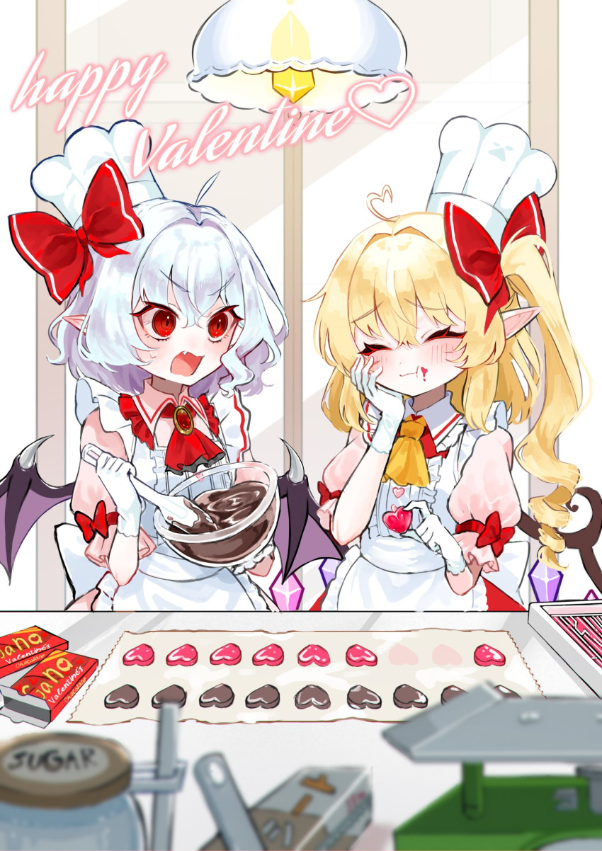 2girls :t ahoge angry aorin_oekaki apron ascot bat_wings blonde_hair blush bow candy ceiling_light center_frills chef_hat chocolate chocolate_making closed_eyes commentary_request crystal drill_hair drill_ponytail fang flandre_scarlet food food_on_face frilled_apron frilled_shirt_collar frills gloves hair_bow hair_intakes happy_valentine hat heart heart-shaped_chocolate heart_ahoge highres long_hair medium_hair multiple_girls pink_shirt pointy_ears puffy_short_sleeves puffy_sleeves red_ascot red_brooch red_eyes red_ribbon remilia_scarlet ribbon shirt short_sleeves siblings side_ponytail sisters sugar_(food) sweat touhou v-shaped_eyebrows valentine white_apron white_gloves white_hair white_headwear wings yellow_ascot