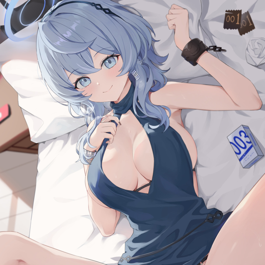 1girl ako_(blue_archive) ako_(dress)_(blue_archive) blue_archive blue_dress blue_eyes blue_hair blue_halo breasts closed_mouth commentary_request dress earrings evening_gown halo highres hokori_sakuni jewelry large_breasts lying medium_hair official_alternate_costume on_back pillow sideless_dress sideless_outfit single_earring single_handcuff sleeveless sleeveless_dress smile solo spread_legs used_tissue