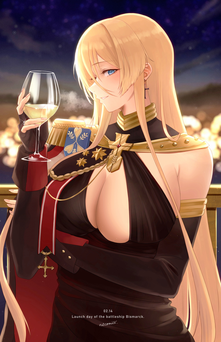 azur_lane birthday bismarck_(azur_lane) bismarck_(beacon_of_the_iron_blood)_(azur_lane) black_dress blonde_hair blue_eyes breasts cross cross_earrings dress earrings epaulettes highres jewelry large_breasts light_smile looking_to_the_side necomilk single_epaulette