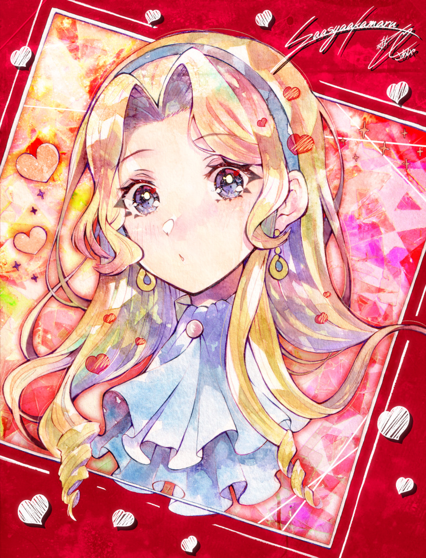 1girl akamaru_saasha artist_name blonde_hair commentary constance_von_nuvelle drill_hair earrings eyelashes fire_emblem fire_emblem:_three_houses heart highres jewelry long_hair looking_at_viewer multicolored_hair purple_eyes purple_hair red_background signature solo symbol-only_commentary two-tone_hair upper_body