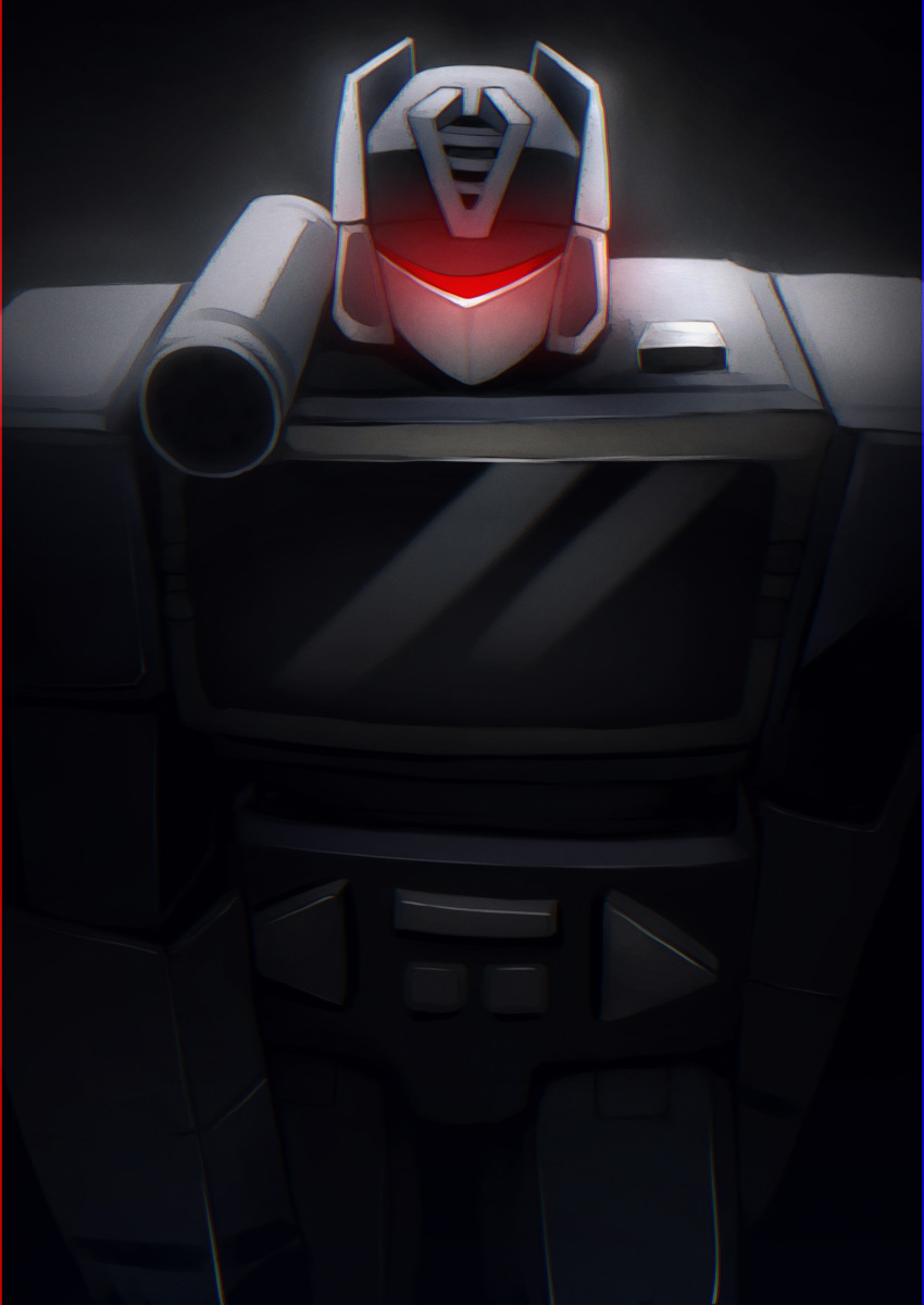 absurdres assault_visor black_background commentary_request dark decepticon glowing highres mecha nakai111 no_humans robot science_fiction shoulder_cannon solo soundwave_(transformers) transformers transformers:_generation_1