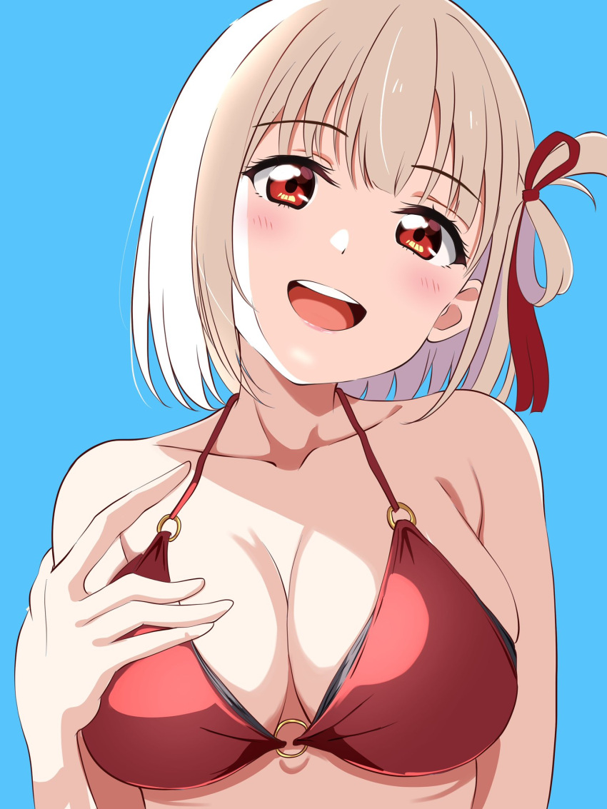 1girl :d bare_shoulders bikini blonde_hair blue_background blunt_bangs blush borgbutler breasts cleavage close-up collarbone commentary eyelashes hair_ribbon halterneck hand_up head_tilt highres large_breasts looking_at_viewer lycoris_recoil nishikigi_chisato o-ring o-ring_bikini o-ring_top one_side_up open_mouth red_bikini red_eyes red_ribbon ribbon short_hair sidelighting simple_background skindentation smile solo straight_hair swimsuit teeth upper_teeth_only