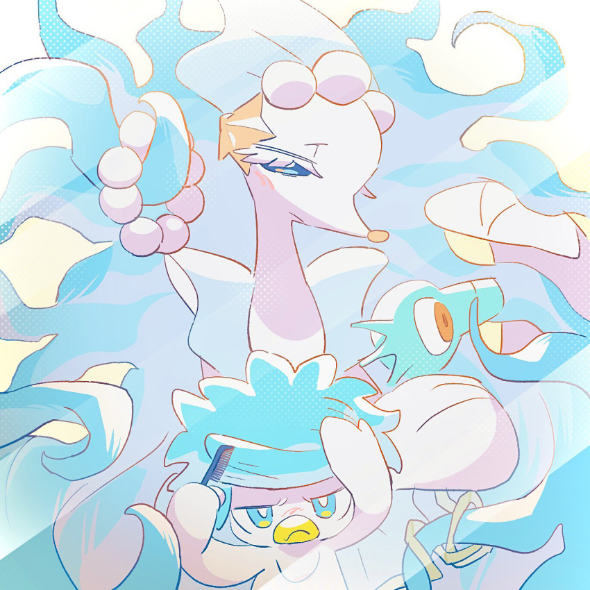 aqua_eyes blue_eyes bright_pupils brushing_hair closed_mouth colored_eyelashes comb commentary_request enden_(slcn040) frown hair_dryer half-closed_eyes highres holding holding_comb messy_hair no_humans pokemon pokemon_(creature) primarina quaxly white_pupils
