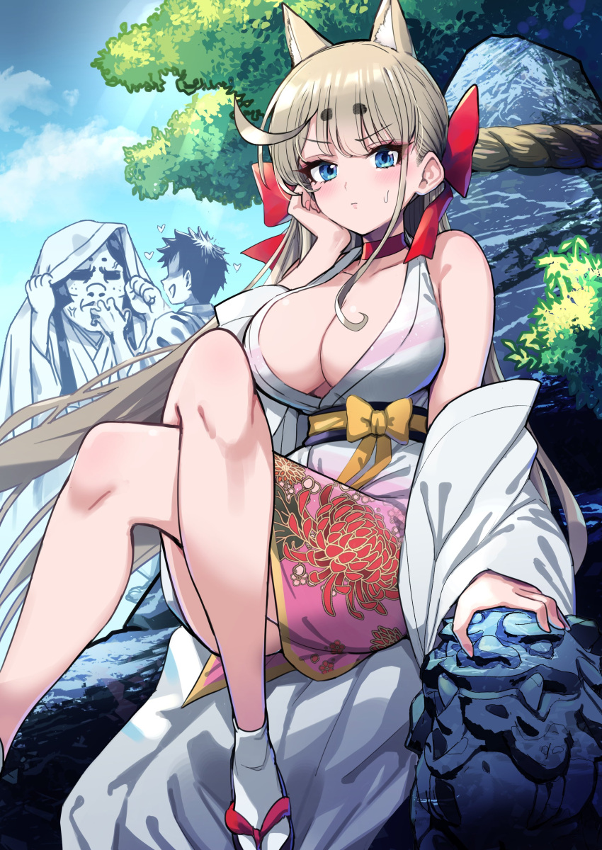1girl 2boys absurdres anger_vein animal_ears blue_eyes breasts brown_hair cleavage cover cover_page crossed_legs day dog_ears dog_girl frown heart highres japanese_clothes kimono large_breasts long_hair long_sleeves looking_at_viewer multiple_boys original outdoors pizzasi sandals short_hair sitting sweatdrop tabi textless_version white_kimono zouri