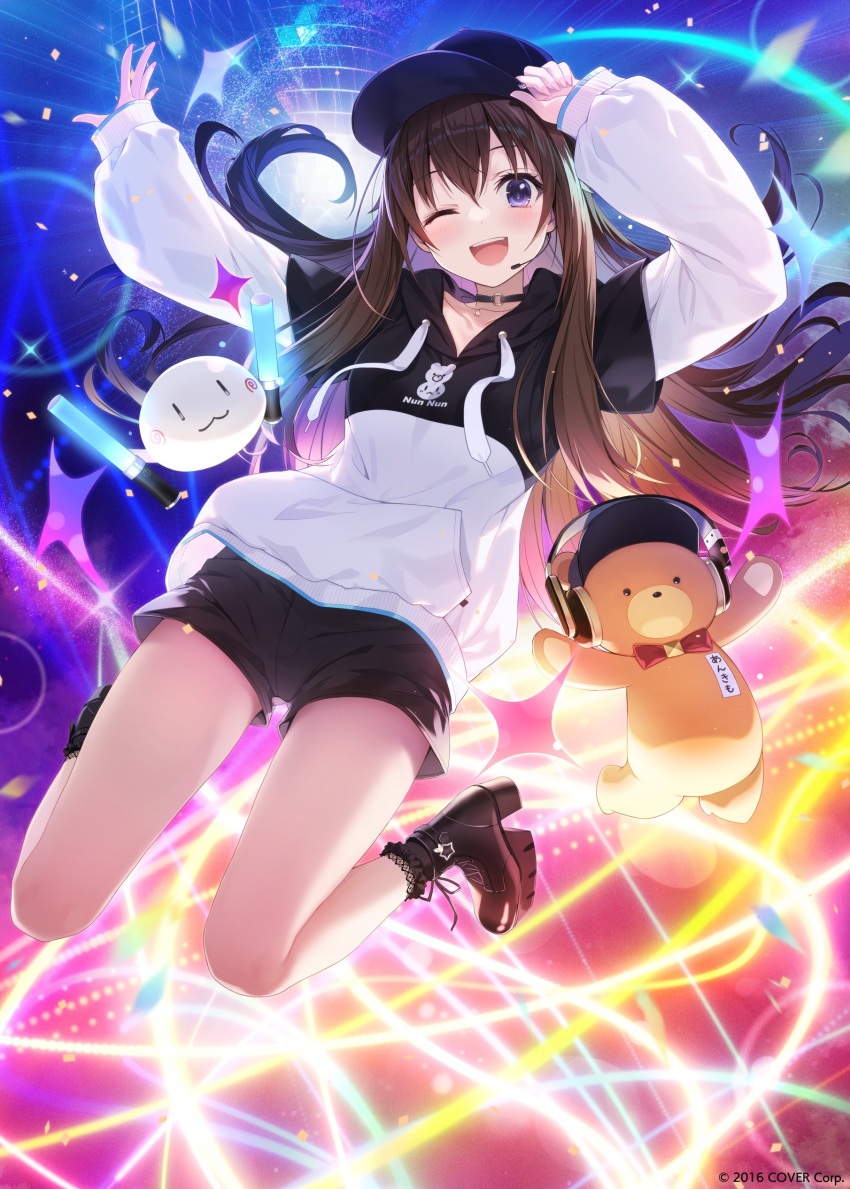 1girl absurdres amagai_tarou ankimo_(tokino_sora) baseball_cap black_choker black_headwear black_hoodie boots brown_hair choker commentary disco_ball floating_hair glowstick hair_between_eyes hand_on_headwear hand_up hat headphones highres holding_glowstick hololive hood hoodie jumping lace-trimmed_socks long_hair looking_at_viewer midair multicolored_background nun_nun_(tokino_sora) o-ring o-ring_choker official_alternate_costume official_art one_eye_closed open_mouth penlight_(glowstick) platform_boots platform_footwear purple_eyes shorts smile stage_lights teeth tokino_sora tokino_sora_(streetwear) two-tone_hoodie upper_teeth_only virtual_youtuber white_hoodie