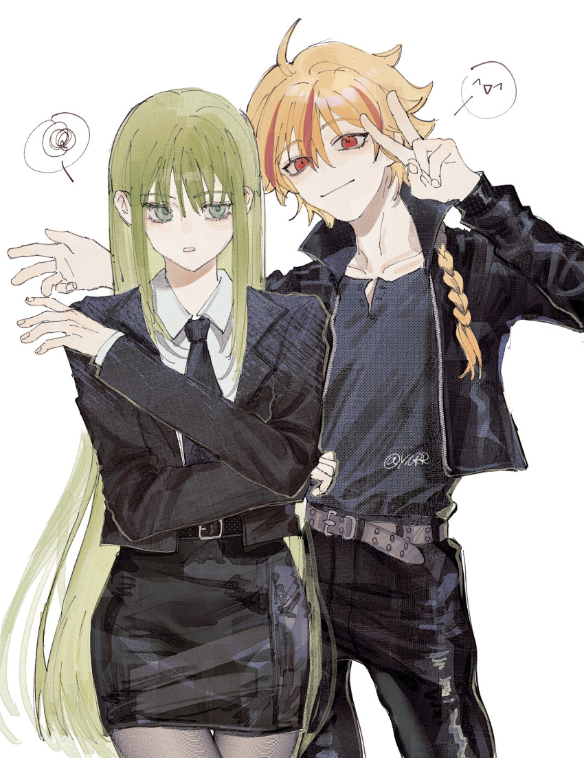 1boy 1other androgynous annoyed belt black_jacket black_necktie black_pants black_skirt blonde_hair braid closed_mouth collared_shirt cowboy_shot enkidu_(fate) fate/strange_fake fate_(series) green_eyes green_hair grey_shirt hand_up highres jacket leather leather_jacket long_hair looking_at_viewer multicolored_hair necktie open_clothes open_jacket pants parted_lips pencil_skirt red_eyes red_hair richard_i_(fate) shirt simple_background skirt smile spoken_expression spoken_squiggle squiggle streaked_hair two-tone_hair v white_background white_shirt ynrrr