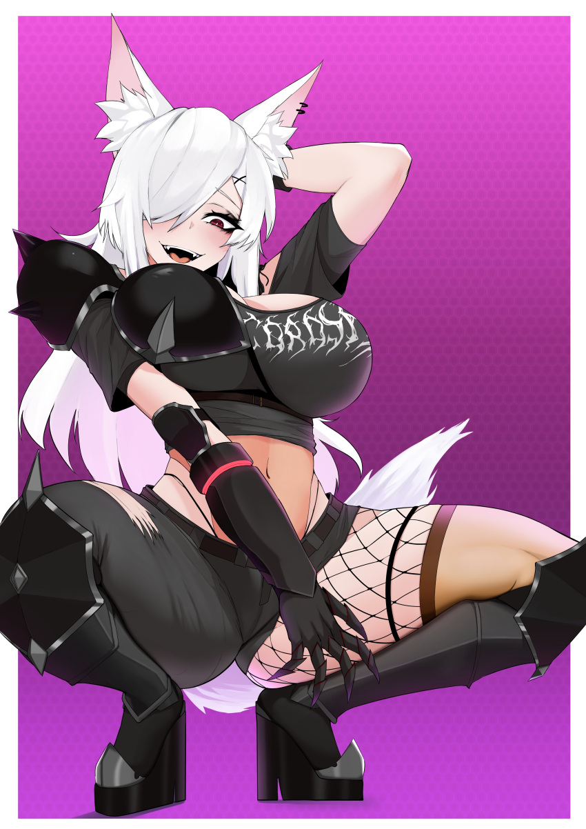 1girl absurdres animal_ear_fluff animal_ears arm_behind_head armor asymmetrical_clothes belt black_belt black_footwear black_gloves black_pants black_shirt boots bracer breasts crop_top discordia_(vtuber) earrings fox_ears fox_girl fox_tail gloves hair_over_one_eye hexagon_print highleg highleg_leotard highleg_panties highres jewelry knee_boots large_breasts leotard midriff navel open_mouth panties pants pauldrons pink_background red_eyes rumi_(rumigawa31) second-party_source shirt shoulder_armor single_fishnet_legwear single_pantsleg single_pauldron solo spiked_pauldrons squatting tail teeth thighhighs underwear upper_teeth_only vfleet white_hair