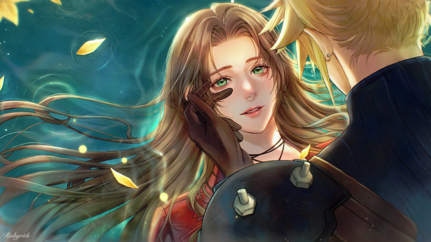 1boy 1girl aerith_gainsborough armor artist_name blonde_hair blue_shirt brown_gloves brown_hair choker cloud_strife couple earrings final_fantasy final_fantasy_vii final_fantasy_vii_rebirth flower gloves green_eyes hand_on_another's_cheek hand_on_another's_face hetero highres jacket jewelry long_hair looking_at_another parted_bangs parted_lips partially_submerged pink_lips red_jacket ribbon_choker rubyrith shirt short_hair shoulder_armor sidelocks single_earring spiked_hair suspenders sweater turtleneck turtleneck_sweater upper_body wavy_hair yellow_flower yellow_petals