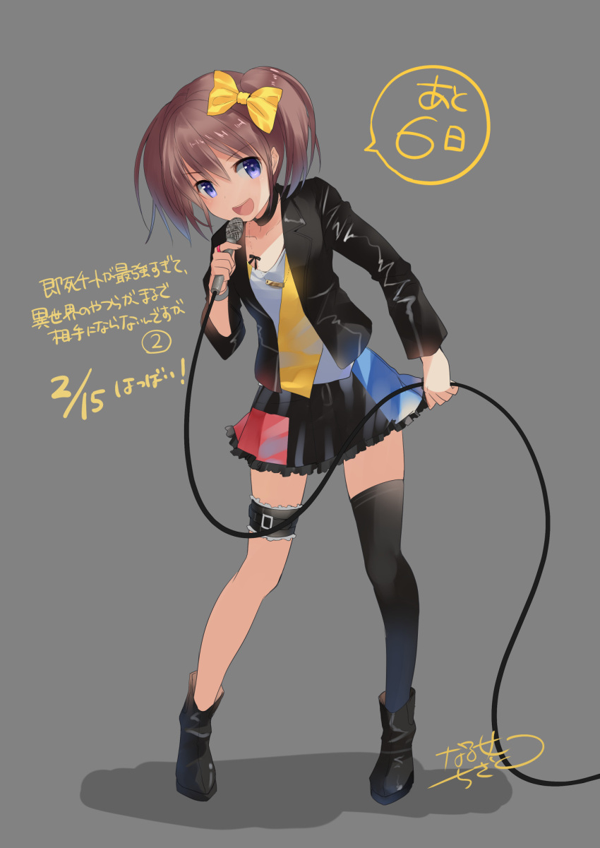 1girl :d black_choker black_footwear black_jacket black_skirt black_thighhighs boots bow brown_hair cable choker collarbone dannoura_tomochika full_body grey_background hair_between_eyes hair_bow highres holding holding_microphone jacket leather leather_jacket long_sleeves microphone naruse_chisato open_clothes open_jacket pleated_skirt purple_eyes shadow shirt signature simple_background single_thighhigh skirt smile sokushi_cheat_ga_saikyou_sugite_isekai_no_yatsura_ga_marude_aite_ni_naranai_n_desu_ga solo standing thighhighs thighhighs_under_boots translation_request twintails white_shirt yellow_bow