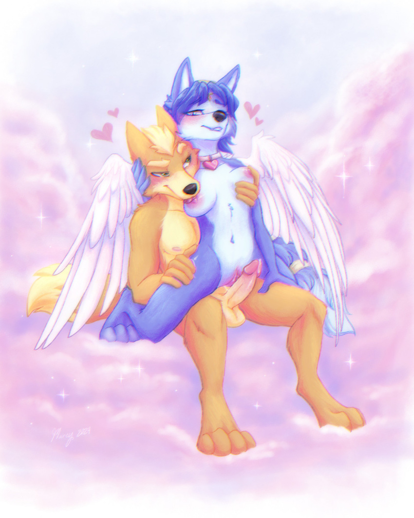 &lt;3 2024 4_toes 5_fingers anthro anthro_on_anthro black_nose blonde_hair blue_body blue_fur blue_hair blush bodily_fluids breast_fondling breast_play breasts canid canine collar collar_only dripping duo erection feathered_wings feathers feet female fingers fondling fox fox_mccloud fur genital_fluids genitals hair hand_on_breast hi_res hindpaw humanoid_hands krystal licking male male/female mammal multicolored_body multicolored_fur navel nintendo nipple_fetish nipple_lick nipple_play nipples nude orange_body orange_fur paws penis precum precum_drip pussy romantic romantic_ambiance romantic_couple romantic_sex smile snowy18 star_fox tan_body tan_fur toes tongue tongue_out two_tone_body two_tone_fur white_body white_fur wings