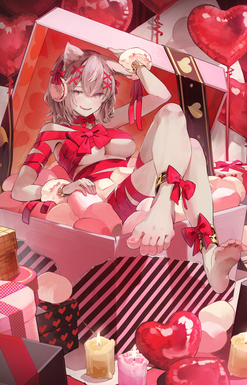 1girl absurdres balloon barefoot bow box breasts brown_hair candle crossed_legs feet fire gift gift_box heart heart_balloon highres in_box in_container looking_at_viewer red_bow short_hair solo syuri22 toes tongue tongue_out touhou toyosatomimi_no_miko valentine