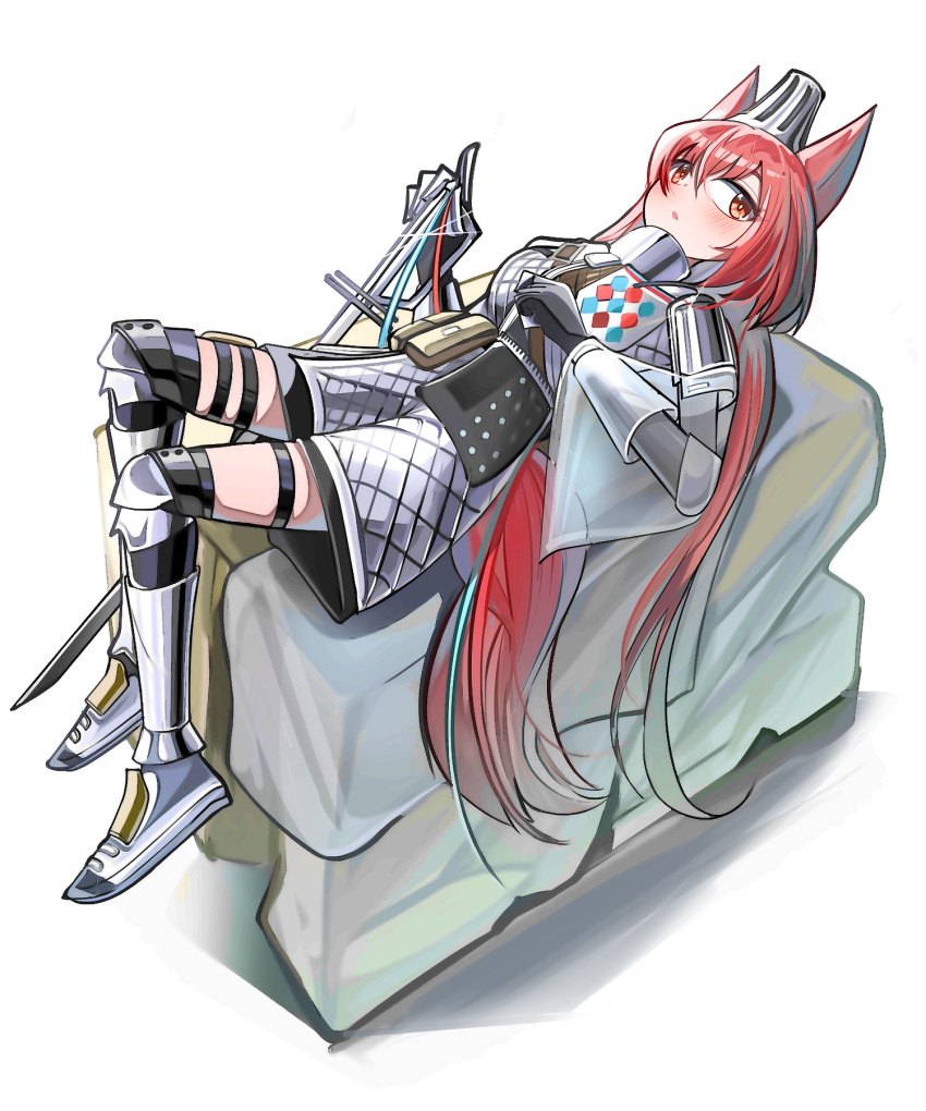 1girl arknights armored_boots black_gloves black_socks boots breasts flametail_(arknights) full_body gloves grey_shirt grey_shorts hair_between_eyes hand_up highres long_hair lying medium_breasts on_back red_eyes red_hair shadow shirt shorts simple_background socks solo spam_(spamham4506) sword very_long_hair weapon white_background