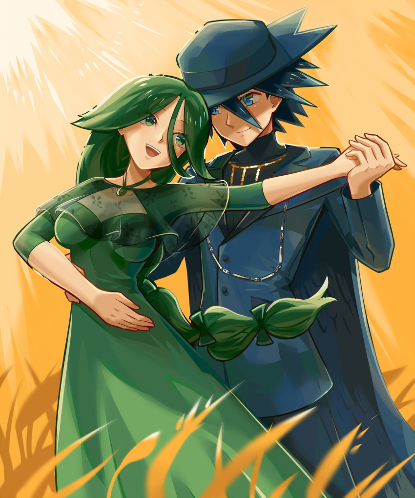 1boy 1girl blue_cape blue_eyes blue_hair blue_headwear blue_suit blurry blurry_foreground breasts buttons cape cheryl_(pokemon) dancing dress ffccll green_dress green_eyes hat highres long_dress long_hair long_hair_between_eyes multi-tied_hair open_mouth pokemon pokemon_dppt riley_(pokemon) smile suit teeth upper_teeth_only wheat yellow_background