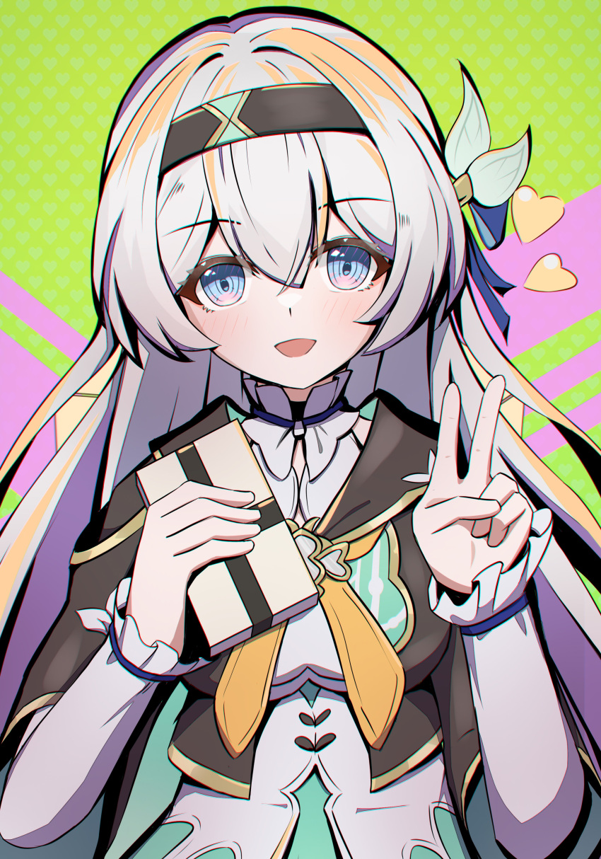 1girl :d absurdres black_hairband black_jacket blue_eyes blue_ribbon bow box box_of_chocolates collared_shirt cropped_jacket crossed_bangs firefly_(honkai:_star_rail) gift green_background grey_hair hair_between_eyes hair_bow hair_intakes hair_ribbon hairband hand_up head_tilt highres holding holding_gift honkai:_star_rail honkai_(series) jacket lingerain long_hair looking_at_viewer neckerchief open_mouth orange_neckerchief pink_background pink_eyes polka_dot polka_dot_background ribbon shirt sidelocks smile solo straight-on two-tone_background two-tone_eyes upper_body v valentine white_bow white_shirt