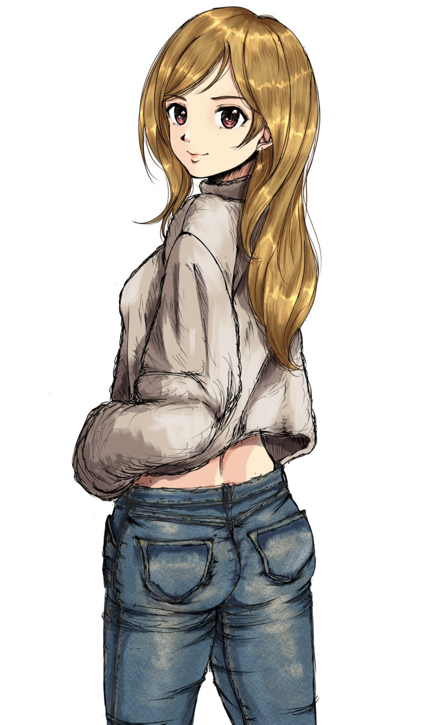 1girl back_peek blonde_hair breasts closed_mouth cowboy_shot denim earrings from_behind gatsby_ssl grey_jacket highres idolmaster idolmaster_million_live! idolmaster_million_live!_theater_days jacket jewelry large_breasts long_hair looking_at_viewer looking_back momose_rio red_eyes simple_background solo standing white_background