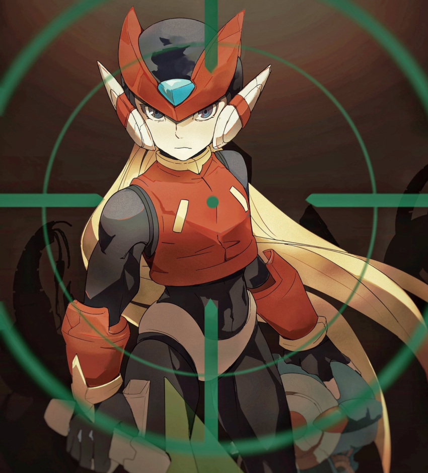 1boy android blonde_hair blue_eyes chinese_commentary commentary_request crop_top helmet highres holding holding_sword holding_weapon long_hair looking_at_viewer male_focus mega_man_(series) mega_man_zero_(series) pantheon_(mega_man) solo sword weapon yinke z_saber zero(z)_(mega_man) zero_(mega_man)
