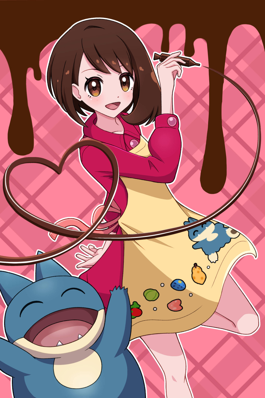 1girl :d absurdres apron brown_eyes brown_hair character_print chocolate collared_dress commentary_request dress eyelashes gloria_(pokemon) happy heart highres holding knees leg_up munchlax open_mouth outline pink_background pink_dress pokemon pokemon_(creature) pokemon_swsh sleeves_past_elbows smile tongue yellow_apron yuu_(jgvj7873)