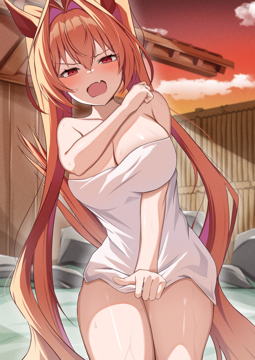 1girl absurdres alternate_costume animal_ears antenna_hair blush bow breasts cleavage commentary_request cowboy_shot daiwa_scarlet_(umamusume) fang hair_between_eyes hair_bow hair_intakes highres holding holding_towel horse_ears horse_girl large_breasts long_hair looking_at_viewer naked_towel newon onsen open_mouth outdoors parted_lips pink_bow red_eyes red_hair simple_background skin_fang solo steaming_body thighs tiara towel twintails umamusume very_long_hair white_towel