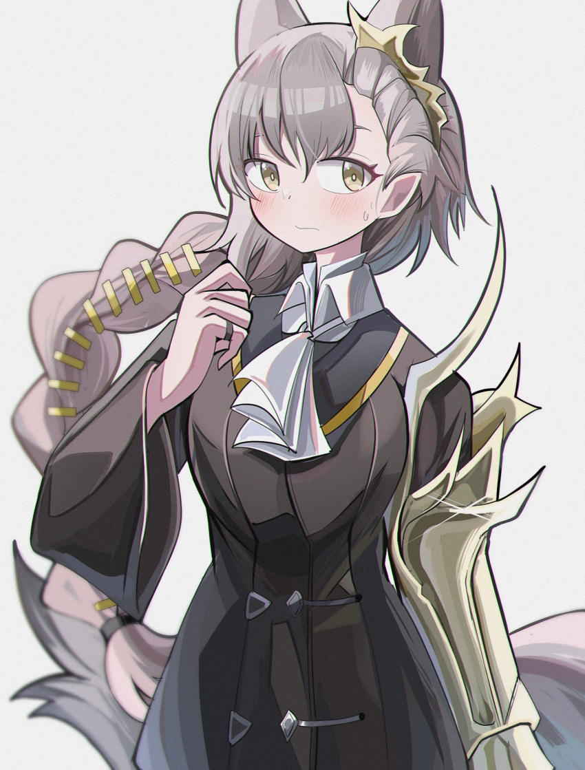 1girl animal_ears arknights black_jacket blush braid brown_eyes closed_mouth collared_shirt grey_background grey_hair hair_between_eyes hand_up highres jacket long_hair long_sleeves penance_(arknights) shirt simple_background single_braid solo spam_(spamham4506) sweat tail very_long_hair white_shirt wide_sleeves