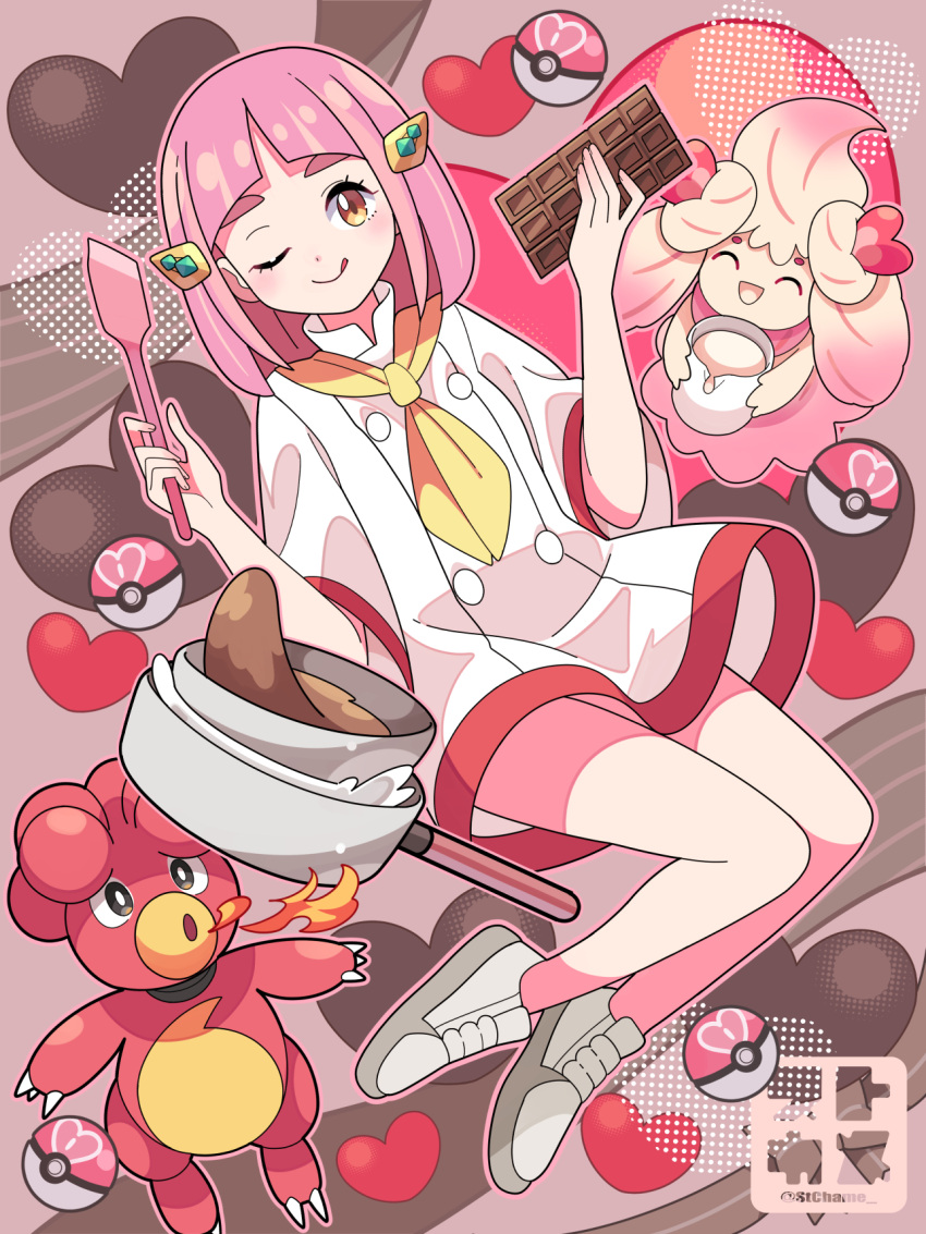 1girl ;q alcremie arched_bangs ascot buttons candy chocolate chocolate_bar closed_mouth eyelashes fire food heart highres holding jacket lacey_(pokemon) looking_at_viewer love_ball magby one_eye_closed pink_hair poke_ball pokemon pokemon_(creature) pokemon_sv shoes short_sleeves smelt_chocolate smile sutokame tongue tongue_out white_jacket yellow_ascot yellow_eyes