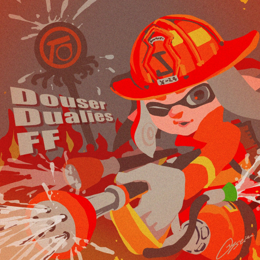 1other ambiguous_gender commentary_request douser_dualies_(splatoon) firefighter gloves grey_background grey_eyes grey_hair helmet highres inkling_player_character long_hair one_eye_closed open_mouth oystianmori parted_lips pointy_ears red_headwear signature splatoon_(series) splatoon_3 tentacle_hair thick_eyebrows weapon_name white_gloves