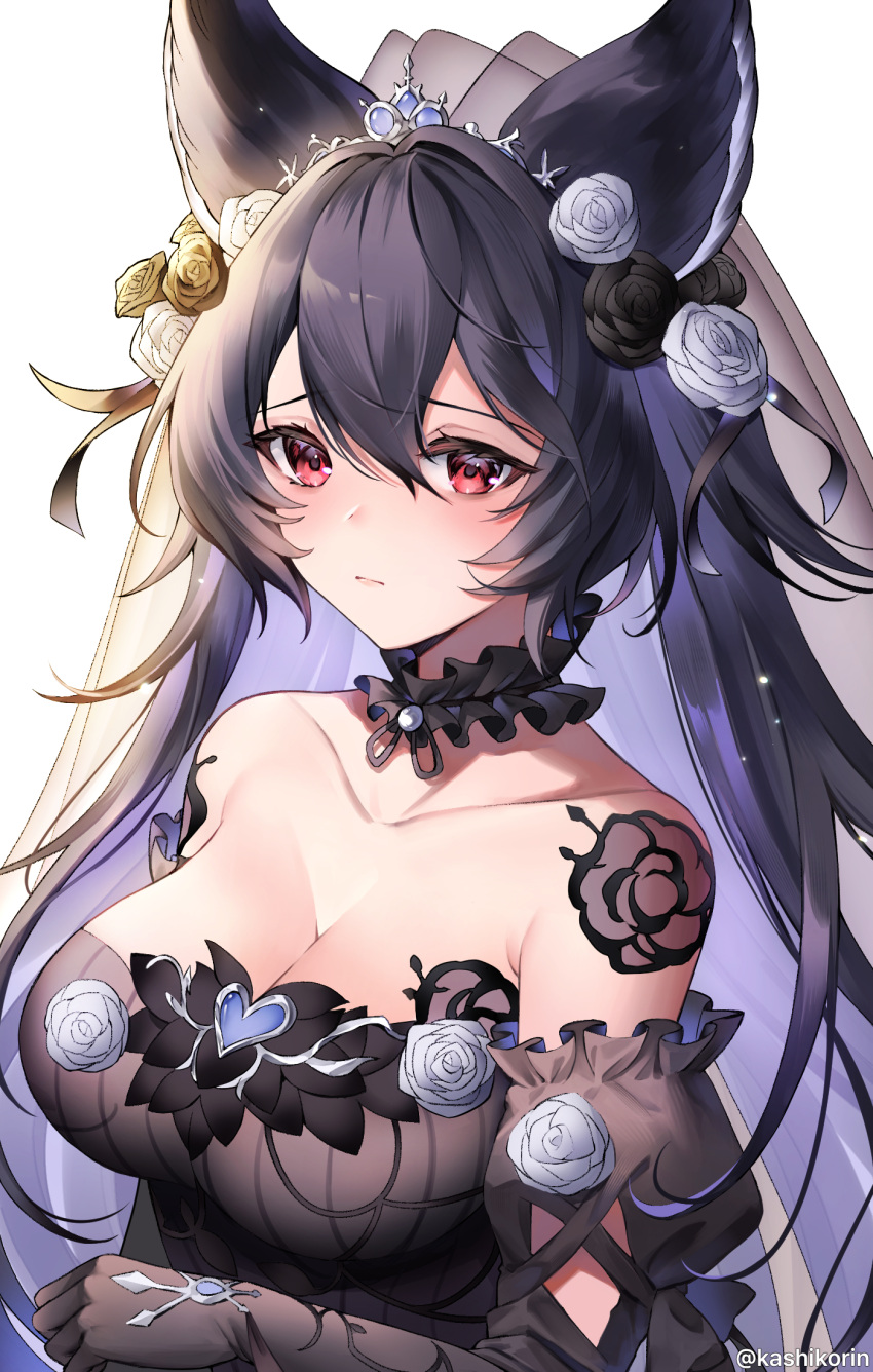 1girl alternate_costume animal_ears bare_shoulders black_hair blush breasts choker cleavage collarbone detached_sleeves elbow_gloves erune flower frilled_choker frills gloves granblue_fantasy hair_between_eyes highres jewelry large_breasts long_hair nier_(granblue_fantasy) red_eyes solo upper_body veil yuntae