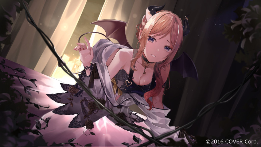 1girl alternate_costume bed bent_over black_bow black_bra black_flower black_rose blonde_hair bow bra cityscape collar commentary curtains demon_girl demon_horns demon_tail demon_wings dress earrings flower gradient_hair hair_over_breasts hair_over_one_breast highres hololive horn_ornament horns indoors jewelry key key_necklace lace lace_bra lingerie looking_at_viewer multicolored_hair necklace night official_art partially_undressed pointy_ears purple_eyes red_hair rose see-through see-through_dress shunka_tunacan solo swept_bangs tail teeth thorns underwear virtual_youtuber wings yuzuki_choco