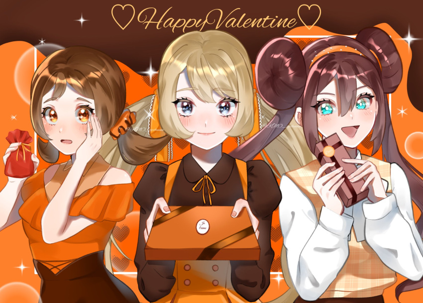 3girls :d alternate_costume blonde_hair blush box bright_pupils brown_hair brown_shirt collared_shirt commentary double_bun dress eyelashes gift gift_box green_eyes hair_bun hands_up happy_valentine heart highres holding kamicho_musharu long_hair looking_at_viewer lyra_(pokemon) multiple_girls open_mouth orange_dress pokemon pokemon_bw2 pokemon_hgss pokemon_xy rosa_(pokemon) serena_(pokemon) shirt smile sparkle twintails valentine white_pupils