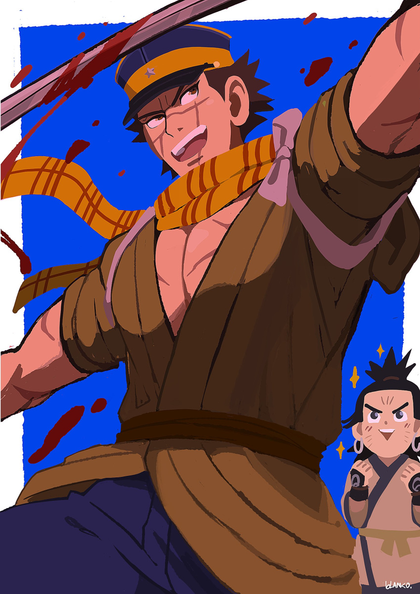2boys absurdres bara black_hair blanko! blood blood_on_weapon blood_splatter child cikapasi clenched_hands cowboy_shot excited from_below golden_kamuy grin hat highres kepi looking_to_the_side male_focus military_hat multiple_boys muscular muscular_male pectoral_cleavage pectorals scar scar_on_cheek scar_on_face scar_on_mouth scar_on_nose scarf short_hair smile sparkling_aura sugimoto_saichi thick_eyebrows weapon yellow_scarf