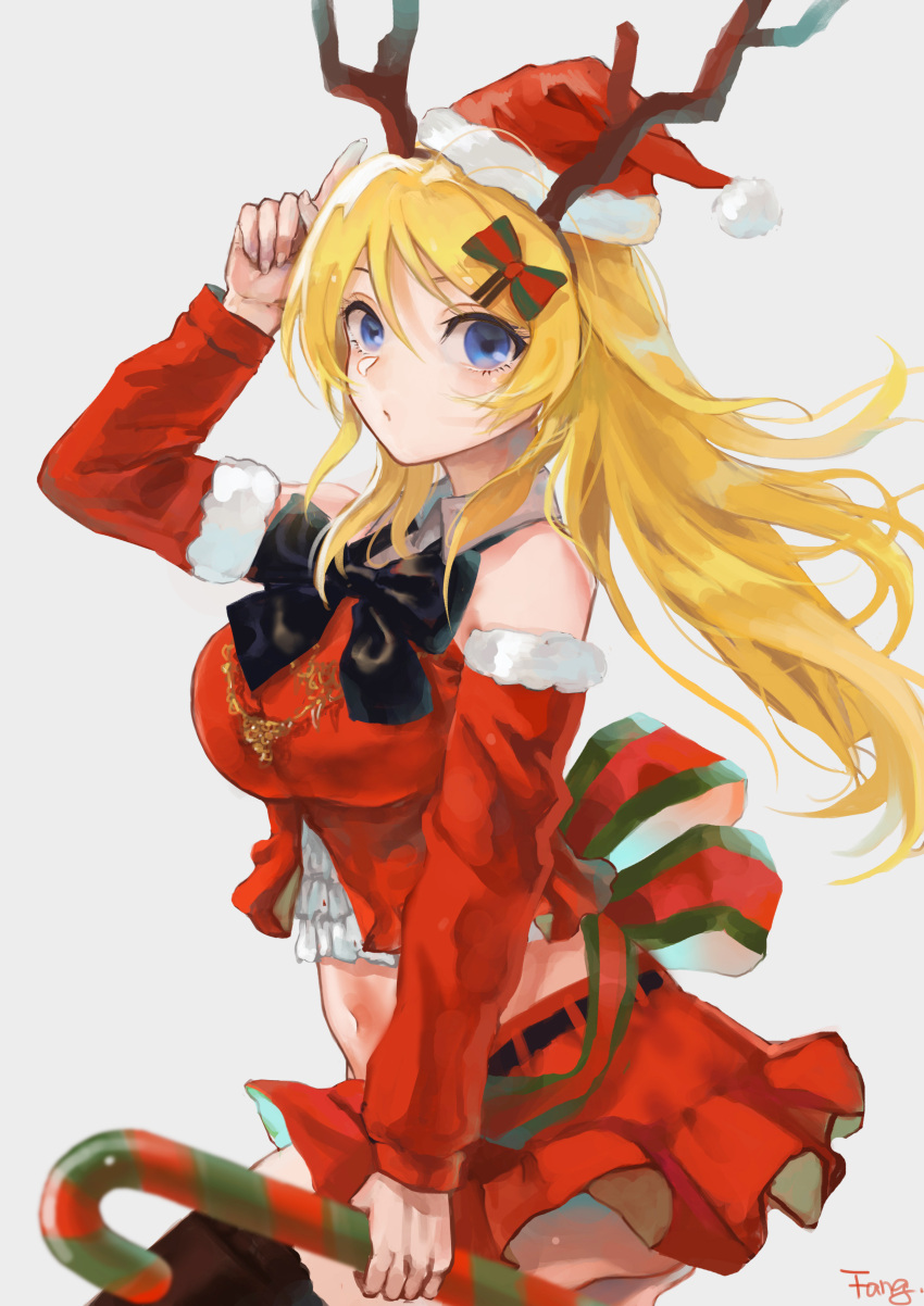1girl absurdres antlers arm_up artist_name ayase_eli black_bow black_thighhighs blonde_hair blue_eyes bow candy candy_cane christmas detached_sleeves fang_qiao food fur_trim hair_bow hair_ornament hat highres holding holding_candy holding_candy_cane holding_food horns huge_bow long_hair love_live! midriff red_skirt reindeer_antlers ribbon santa_hat simple_background skirt solo thighhighs white_background white_fur