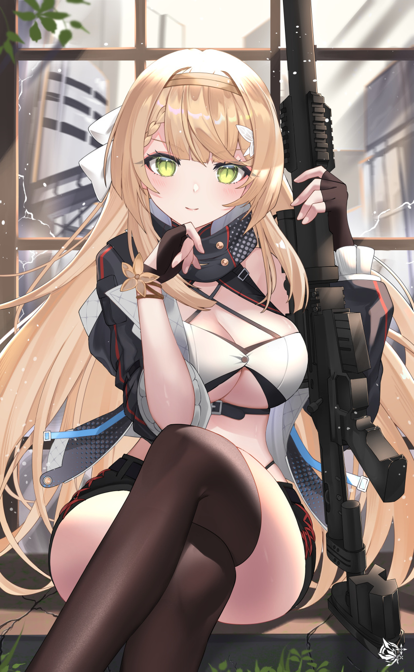 1girl absurdres assault_rifle atelier_(series) atelier_ryza atelier_ryza_1 bare_shoulders belt black_jacket black_shorts blonde_hair braid breasts brown_gloves brown_thighhighs buttons cleavage closed_mouth commission criss-cross_halter crop_top cropped_jacket crossed_legs fingerless_gloves gloves green_eyes gun hairband halterneck hands_up highleg highres holding holding_gun holding_weapon jacket kei_myoho klaudia_valentz large_breasts long_hair long_sleeves looking_at_viewer midriff off_shoulder open_clothes open_jacket pixiv_commission revealing_clothes rifle shirt short_shorts shorts sitting sleeveless sleeveless_shirt slit_pupils smile solo spaghetti_strap stomach thighhighs thighs underboob very_long_hair weapon white_shirt