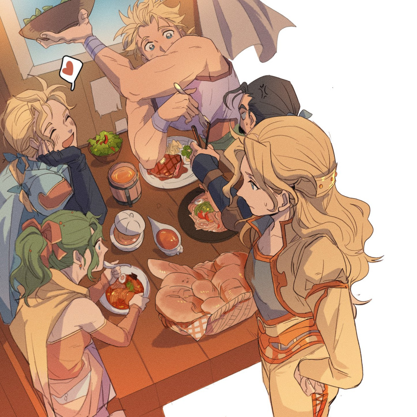 2girls 3boys anger_vein armor black_hair blonde_hair blue_cape blue_ribbon blue_shirt blush bow bowl bread brothers cape celes_chere chopsticks closed_eyes cropped_jacket cyan_garamonde detached_sleeves dinner dress earrings edgar_roni_figaro final_fantasy final_fantasy_vi food from_above garbage_paper gravy gravy_boat green_hair hair_bow hair_ornament hair_ribbon head_on_hand heart highres holding holding_bowl holding_chopsticks jacket jewelry long_hair multiple_boys multiple_girls muscular muscular_male open_mouth pants ponytail red_bow red_dress red_sleeves ribbon sabin_rene_figaro salad shirt shoulder_armor siblings sleeveless sleeveless_shirt smile spoken_heart steak strapless strapless_dress sweatdrop table terra_branford tube_dress twins upper_body wavy_hair white_nails window wooden_table yellow_cape yellow_jacket yellow_pants