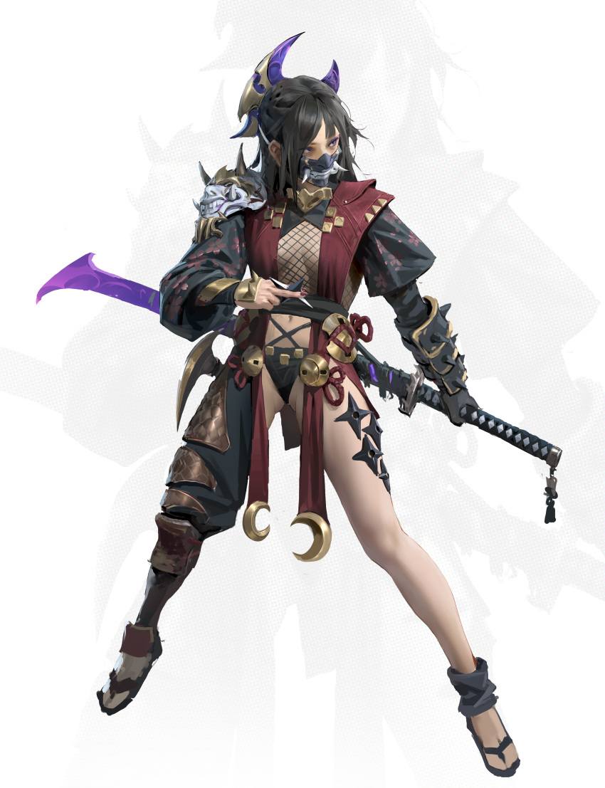 1girl absurdres armor black_hair breasts dark-skinned_female dark_skin fishnets full_body gauntlets highres holding holding_sword holding_weapon horns jacket japanese_armor katana long_hair looking_at_viewer mask mouth_mask navel ninja ninja_mask original pointy_ears purple_eyes sandals sheath shoulder_armor simple_background skull solo standing sword vergilhoo weapon white_background