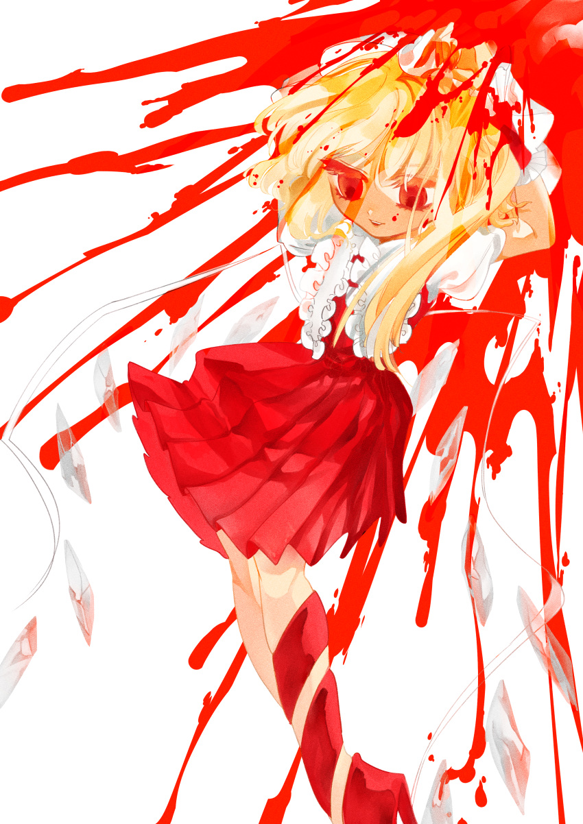 1girl absurdres blonde_hair blood blood_on_face blood_splatter cowboy_shot flandre_scarlet frills highres medium_hair red_eyes red_skirt red_thighhighs side_ponytail simple_background skirt smile solo thighhighs touhou wan495 white_background