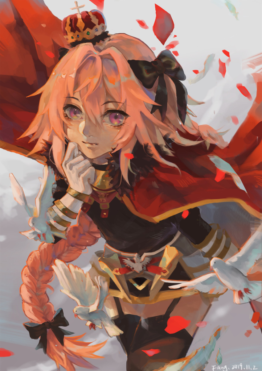 1boy absurdres artist_name astolfo_(fate) bird black_bow black_thighhighs bow braid cape crown dated fang_qiao fate/apocrypha fate_(series) feathers fur-trimmed_cape fur_trim garter_straps gauntlets gold_trim hair_between_eyes hair_bow hair_intakes highres large_bow long_hair male_focus otoko_no_ko petals pigeon pink_hair purple_eyes red_cape single_braid solo thighhighs very_long_hair white_bird white_cape white_feathers