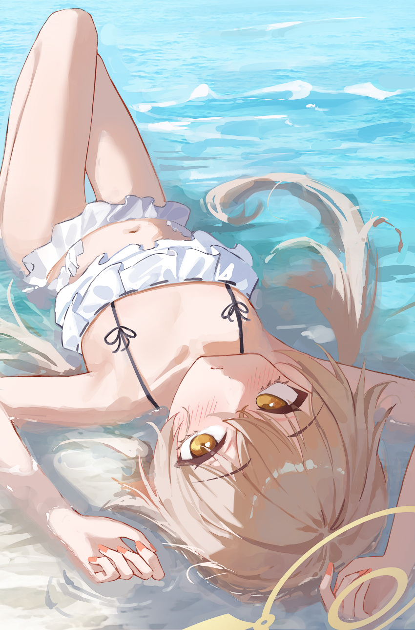 1girl absurdres alpha_beast bare_arms bare_legs bare_shoulders bikini blue_archive blush closed_mouth frilled_bikini frills hair_between_eyes halo hifumi_(blue_archive) hifumi_(swimsuit)_(blue_archive) highres light_brown_hair long_hair looking_at_viewer low_twintails lying official_alternate_costume on_back solo swimsuit twintails water white_bikini yellow_eyes yellow_halo